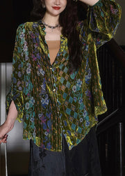Stylish Green Stand Collar Print Button Velour Shirts Fall