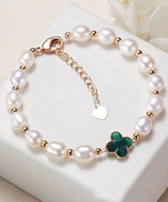Stylish Green Sterling Silver Overgild Pearl Clover Charm Bracelet