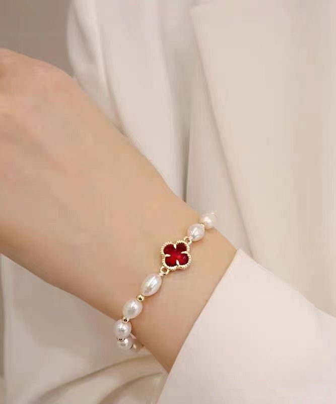 Stylish Green Sterling Silver Overgild Pearl Clover Charm Bracelet