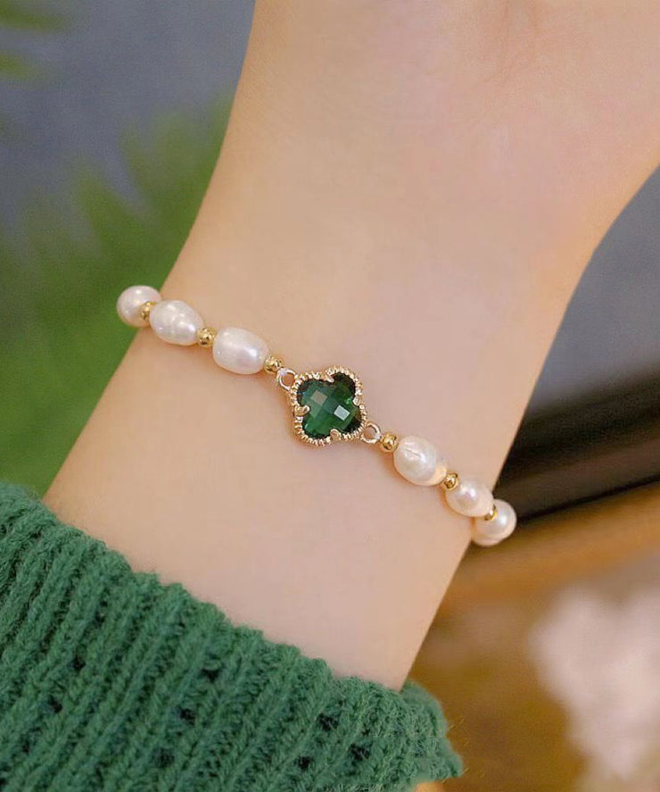 Stylish Green Sterling Silver Overgild Pearl Clover Charm Bracelet