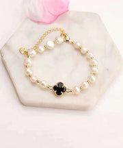 Stylish Green Sterling Silver Overgild Pearl Clover Charm Bracelet