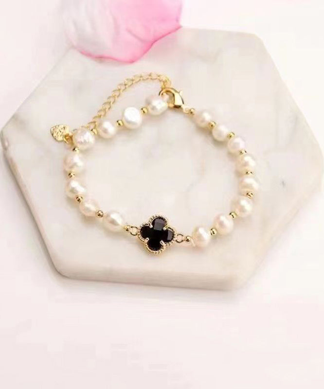 Stylish Green Sterling Silver Overgild Pearl Clover Charm Bracelet