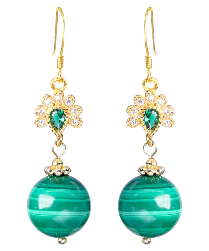 Stylish Green Sterling Silver Overgild Zircon Malachite Drop Earrings