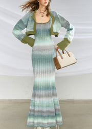Stylish Green Striped Knit Cardigans And Long Spaghetti Strap Dress Two-Piece Set