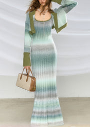 Stylish Green Striped Knit Cardigans And Long Spaghetti Strap Dress Two-Piece Set