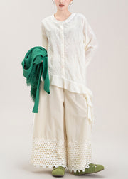 Stylish Green Tasseled Knit Vest And Apricot Wide Leg Pants Three Pieces Set