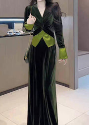 Stylish Green V Neck Cinched Top And Wide Leg Pants Silk Velvet Two Piece Set Spring