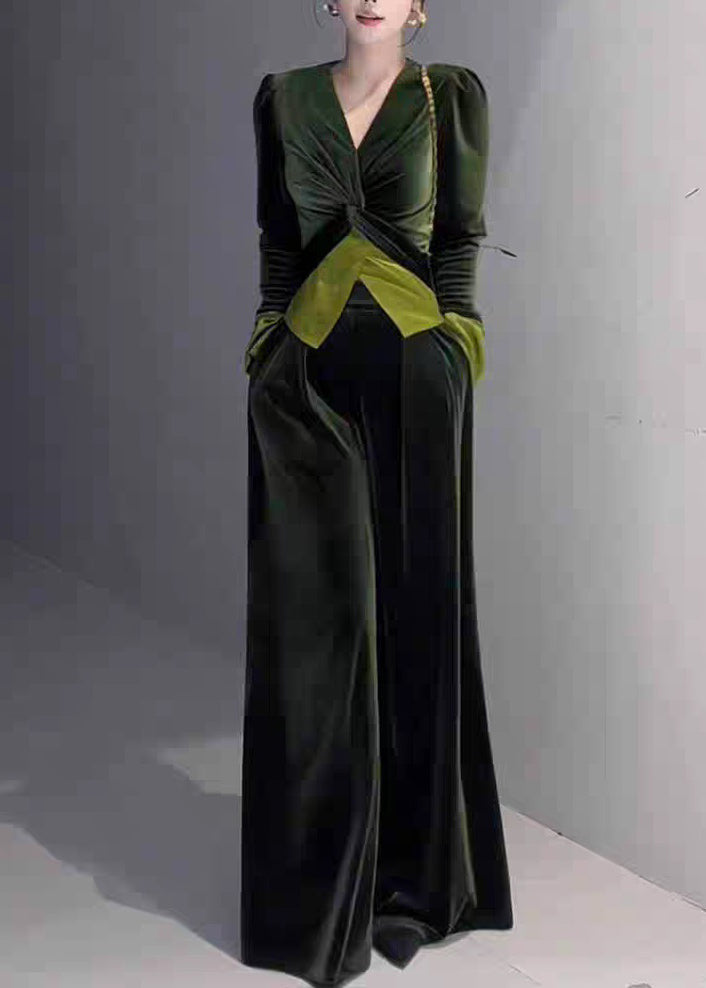 Stylish Green V Neck Cinched Top And Wide Leg Pants Silk Velvet Two Piece Set Spring