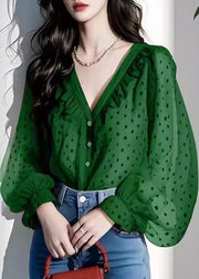 Stylish Green V Neck Dot Chiffon Top Lantern Sleeve