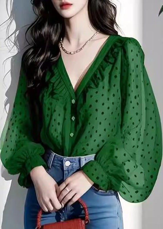 Stylish Green V Neck Dot Chiffon Top Lantern Sleeve