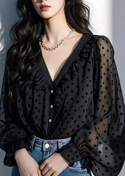 Stylish Green V Neck Dot Chiffon Top Lantern Sleeve
