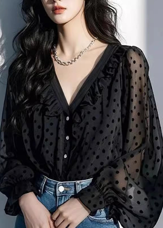 Stylish Green V Neck Dot Chiffon Top Lantern Sleeve