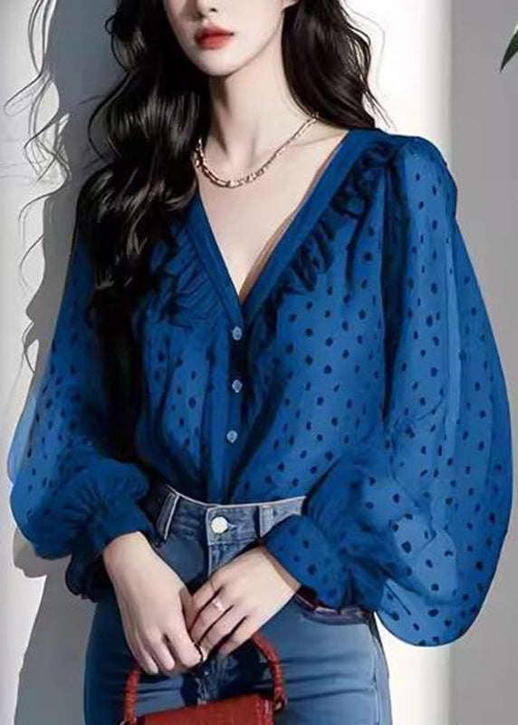 Stylish Green V Neck Dot Chiffon Top Lantern Sleeve