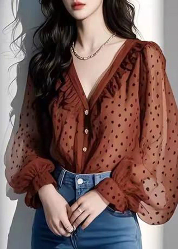 Stylish Green V Neck Dot Chiffon Top Lantern Sleeve