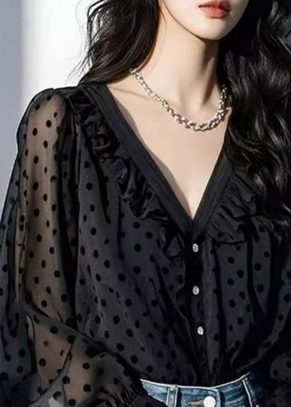 Stylish Green V Neck Dot Chiffon Top Lantern Sleeve