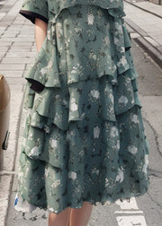 Stylish Green V Neck Layered Ruffled Print Silk Dress Summer