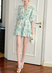Stylish Green V Neck Print Chiffon Mid Dress Half Sleeve