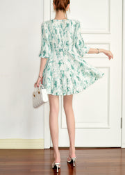 Stylish Green V Neck Print Chiffon Mid Dress Half Sleeve