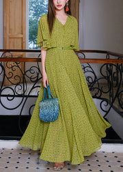 Stylish Green V Neck Print Sashes Chiffon Maxi Dresses Summer