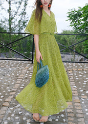 Stylish Green V Neck Print Sashes Chiffon Maxi Dresses Summer