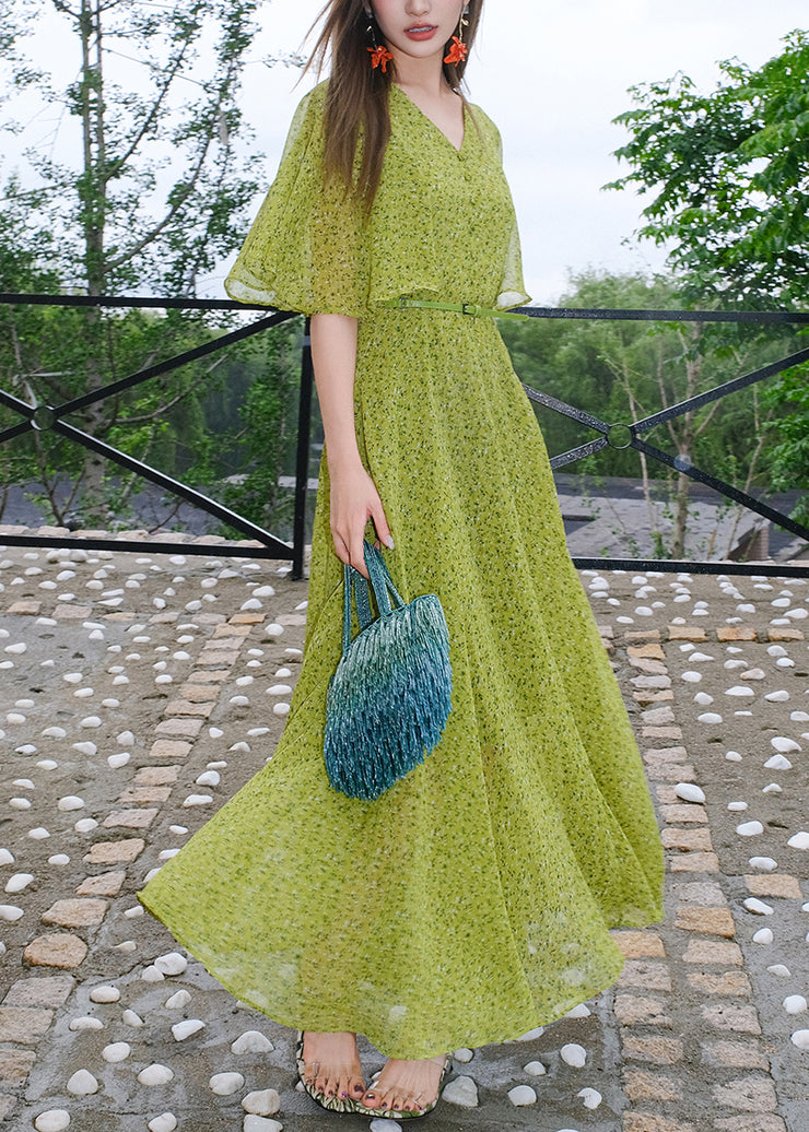 Stylish Green V Neck Print Sashes Chiffon Maxi Dresses Summer