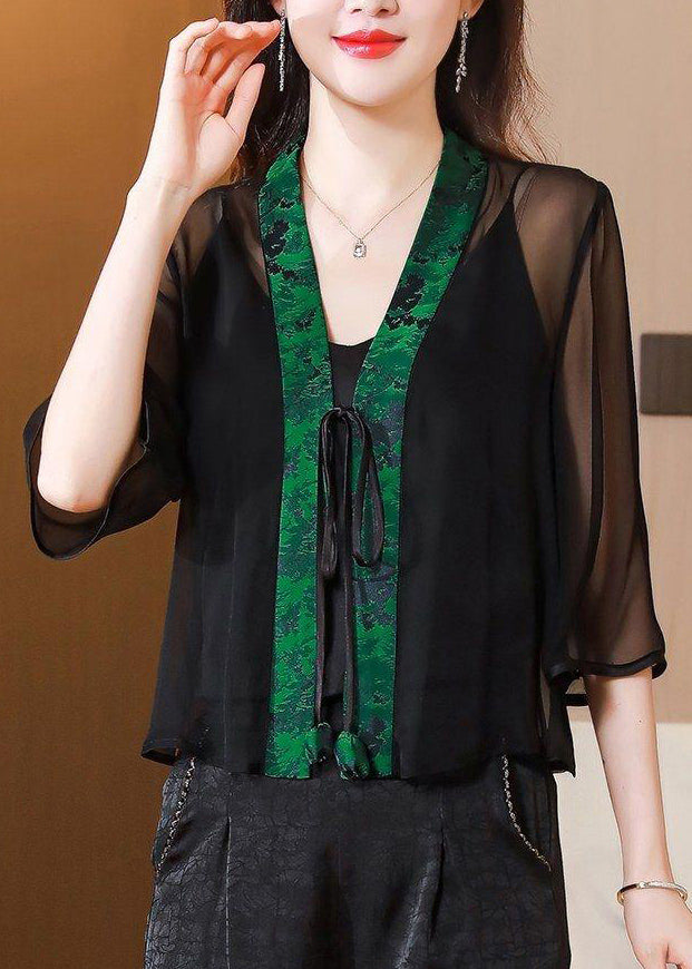Stylish Green V Neck Print Tie Waist Tulle UPF 50+ Coat Half Sleeve