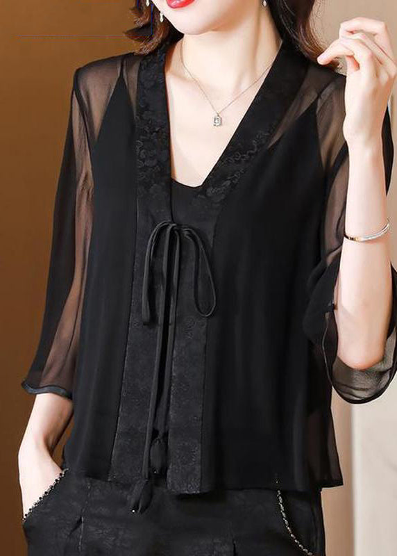 Stylish Green V Neck Print Tie Waist Tulle UPF 50+ Coat Half Sleeve