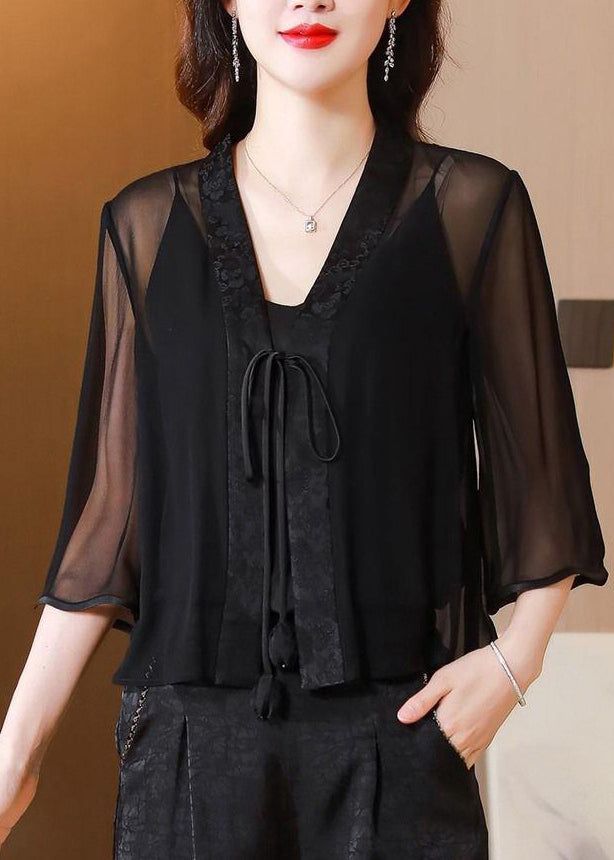Stylish Green V Neck Print Tie Waist Tulle UPF 50+ Coat Half Sleeve