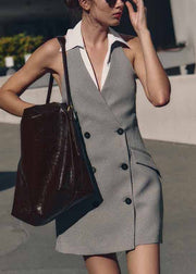 Stylish Grey Backless Double Breast Spandex Mini Dresses Sleeveless