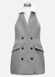 Stylish Grey Backless Double Breast Spandex Mini Dresses Sleeveless
