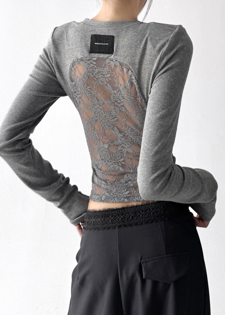 Stylish Grey Backless Patchwork Lace Tops Fall
