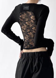 Stylish Grey Backless Patchwork Lace Tops Fall