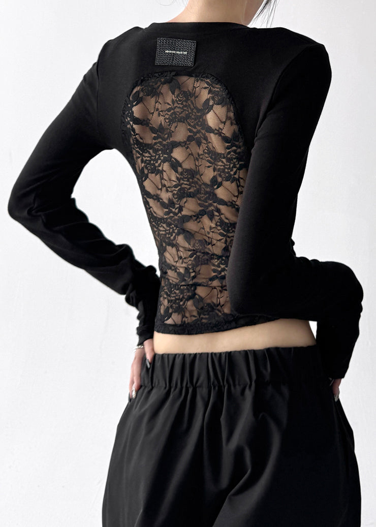 Stylish Grey Backless Patchwork Lace Tops Fall