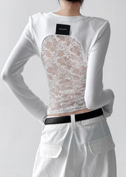 Stylish Grey Backless Patchwork Lace Tops Fall