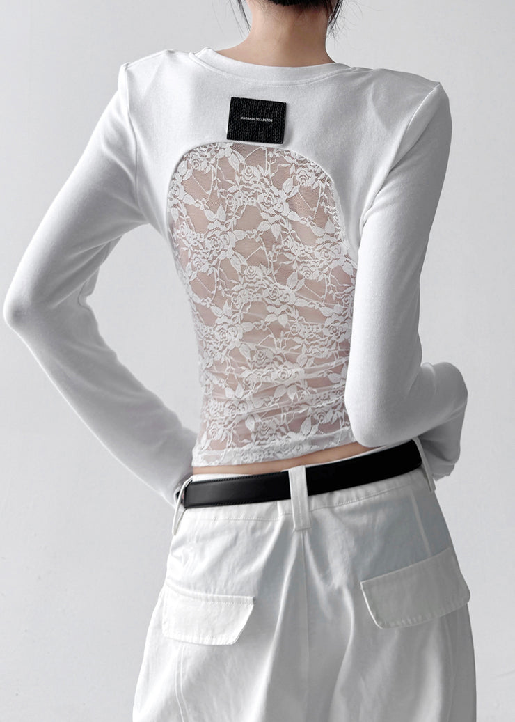 Stylish Grey Backless Patchwork Lace Tops Fall