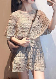 Stylish Grey Hollow Out Tie Waist Knit Tops Batwing Sleeve