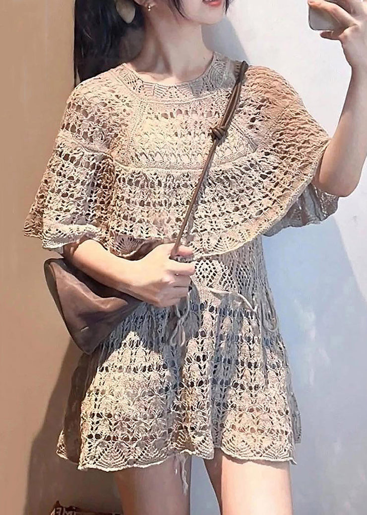 Stylish Grey Hollow Out Tie Waist Knit Tops Batwing Sleeve