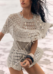 Stylish Grey Hollow Out Tie Waist Knit Tops Batwing Sleeve