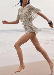 Stylish Grey Hollow Out Tie Waist Knit Tops Batwing Sleeve