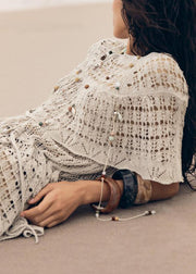 Stylish Grey Hollow Out Tie Waist Knit Tops Batwing Sleeve