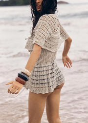 Stylish Grey Hollow Out Tie Waist Knit Tops Batwing Sleeve