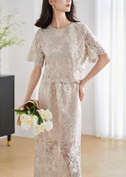 Stylish Grey O Neck Hollow Out Lace Silk Two Pieces Set Summer