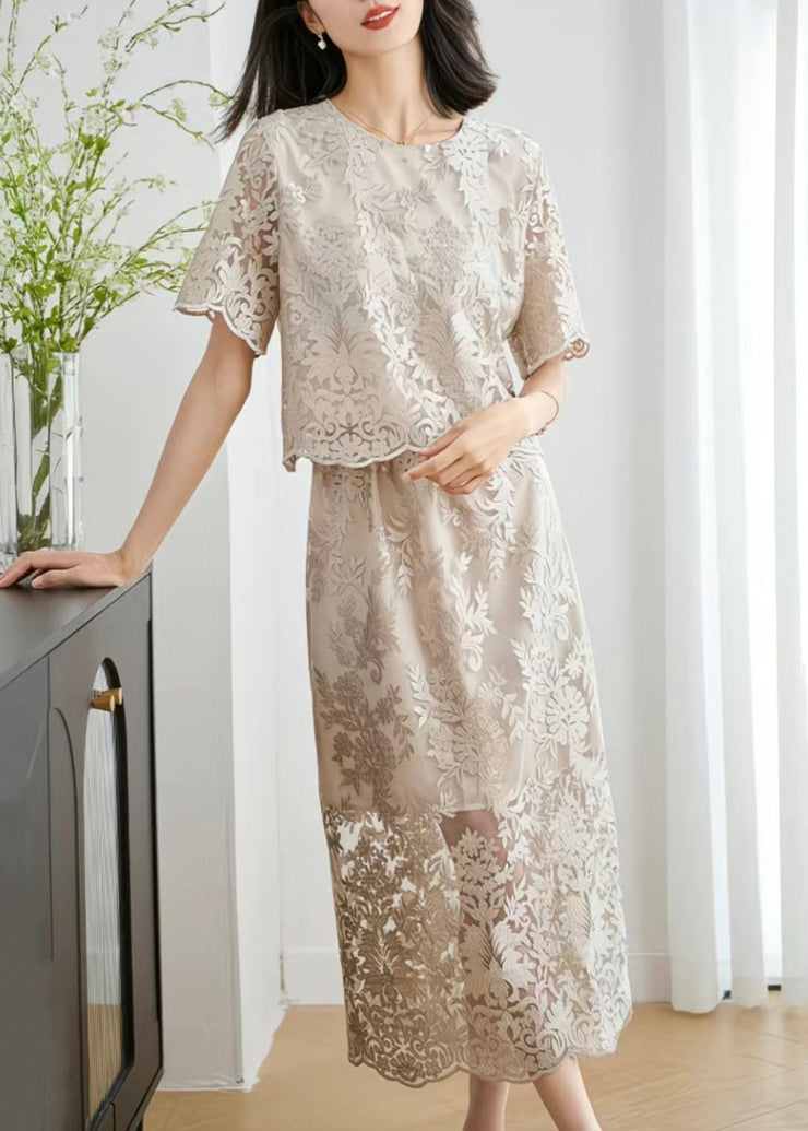 Stylish Grey O Neck Hollow Out Lace Silk Two Pieces Set Summer