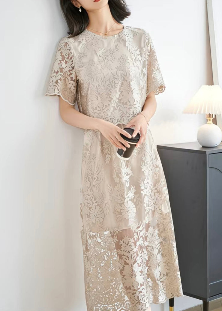 Stylish Grey O Neck Hollow Out Lace Silk Two Pieces Set Summer