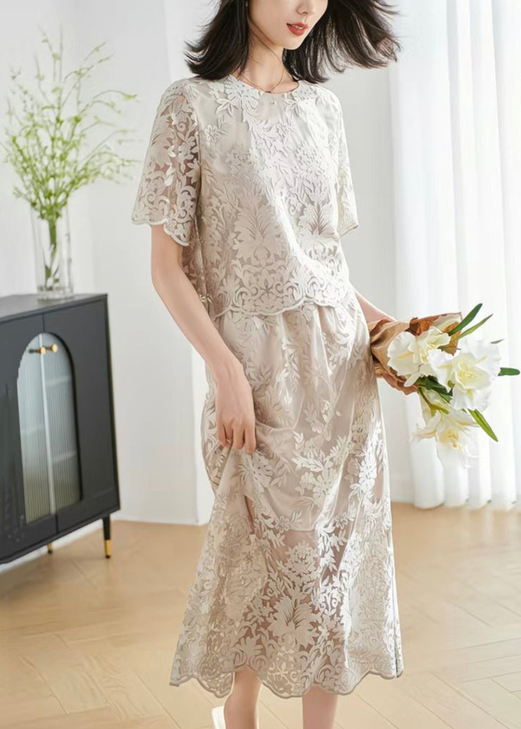 Stylish Grey O Neck Hollow Out Lace Silk Two Pieces Set Summer