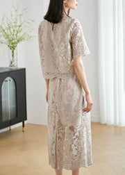 Stylish Grey O Neck Hollow Out Lace Silk Two Pieces Set Summer