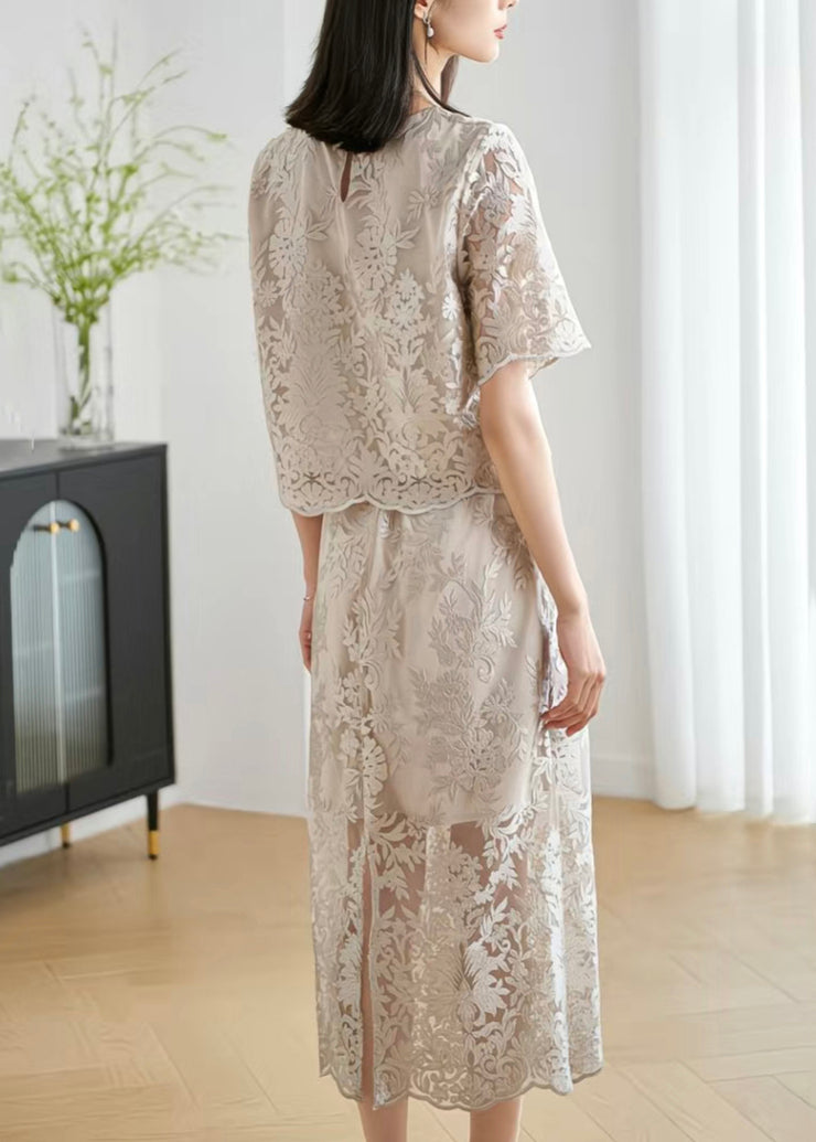 Stylish Grey O Neck Hollow Out Lace Silk Two Pieces Set Summer