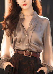 Stylish Grey Original Design Button Solid Silk Shirts Fall