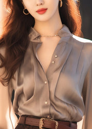 Stylish Grey Original Design Button Solid Silk Shirts Fall