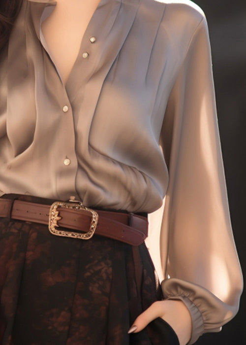 Stylish Grey Original Design Button Solid Silk Shirts Fall